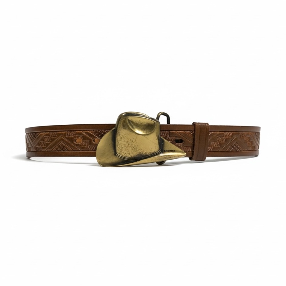 Vintage 1979 Leather Weatern Belt With Brass Cowboy Hat Buckle